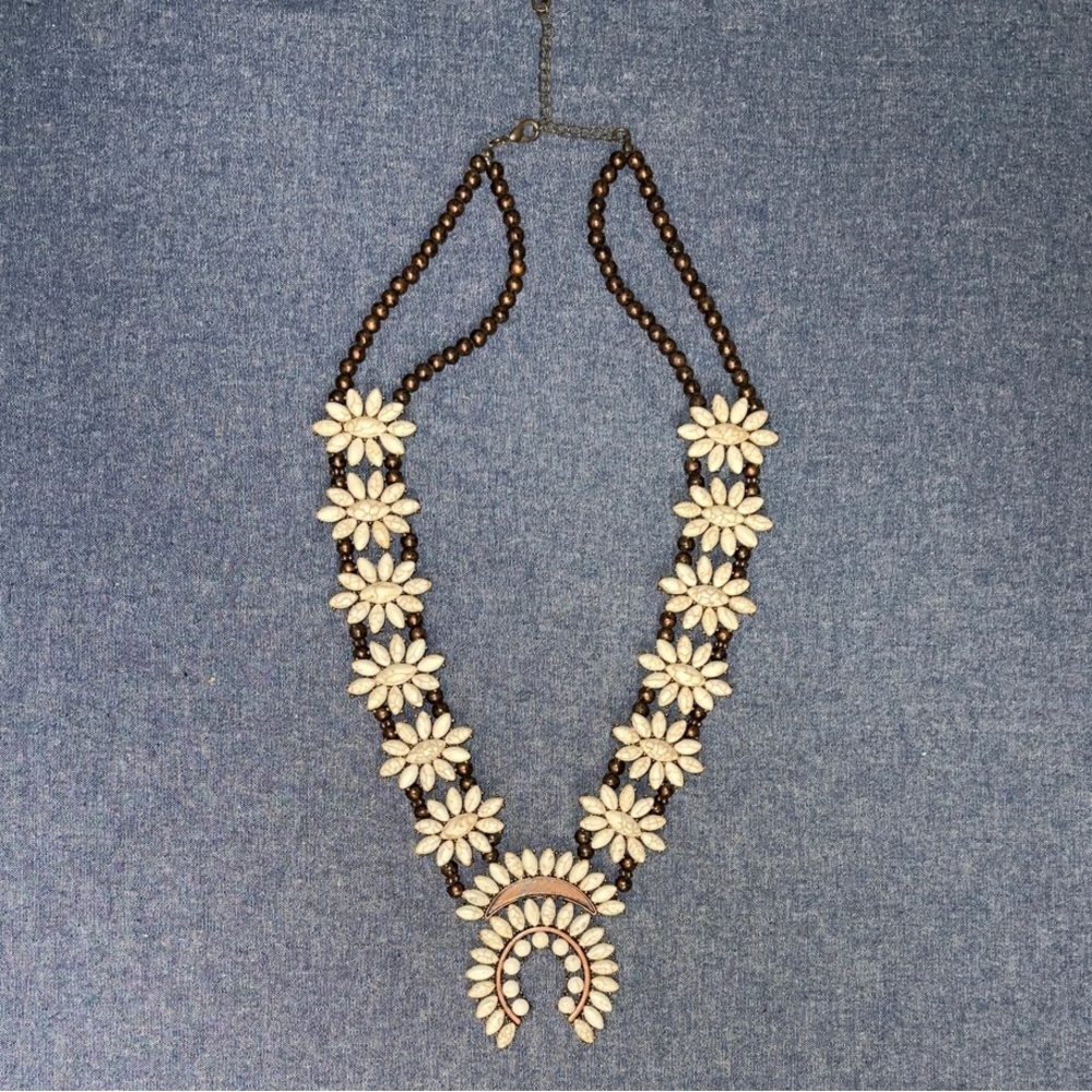 Squash Blossom Style necklace with real stone and bronze colored setting